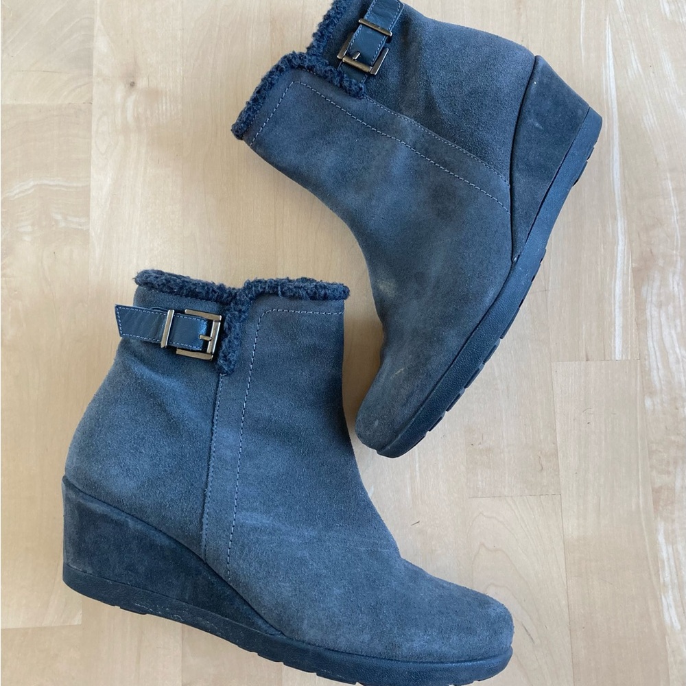Anthropologie Charcoal Grey Sherpa Suede Wedge Boots